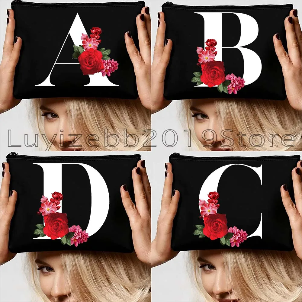 

Черные косметички с цветочным принтом и буквами алфавита, с розами, с инициалами, подарочные, холщовые, органайзеры для кистей для макияжа, несессеры