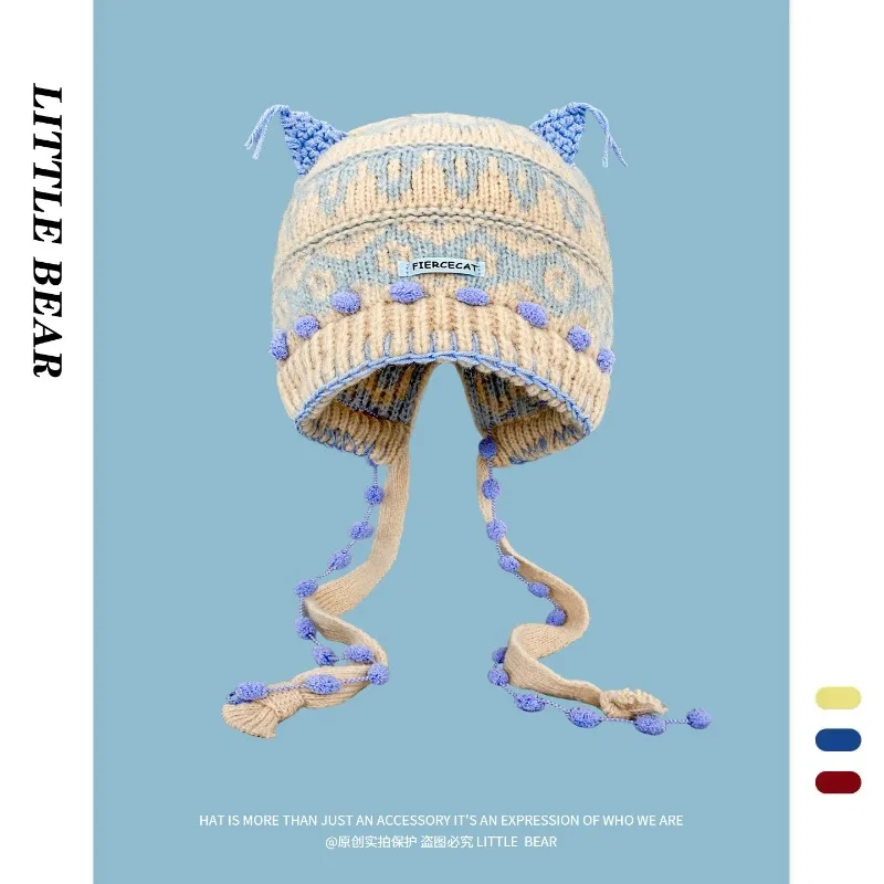 Y2K Cute Cat Ear Knitted Earflap Beanies for Women Fair Isle Jacquard Pom Pom Braided Tassel Decor Warm Winter Outdoor Ski Hat