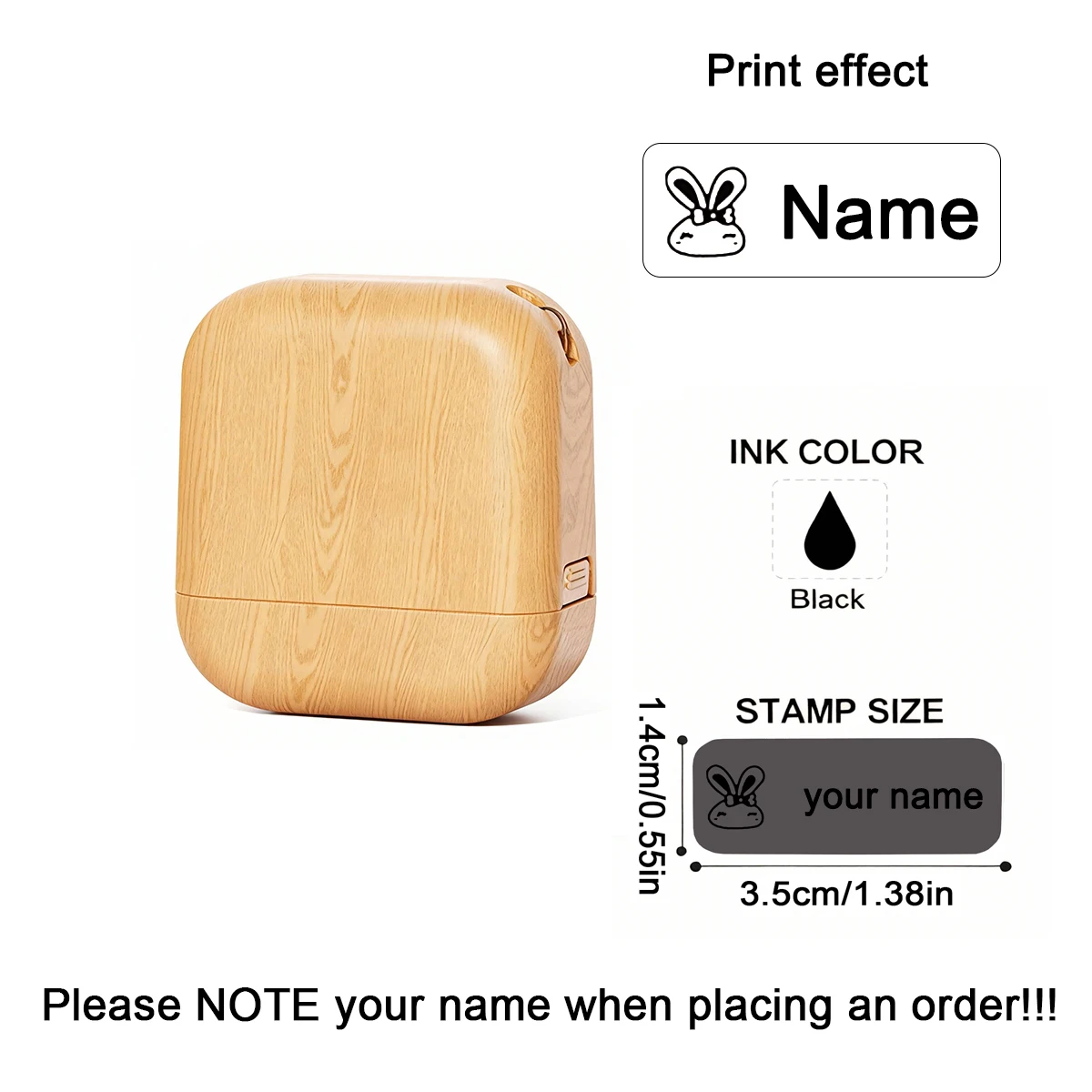 Personalisierter Namensstempel mit Holzmaserung für Kindergarten, Kleidung, Büro und Unternehmen