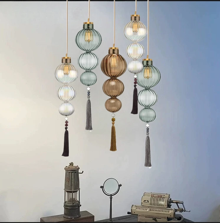 

Chinese Style Stained Glass Gourd Tassel Pendant Lights Loft Living Room Kitchen Bedside Lamp Art Deco Indoor Lighting Fixture