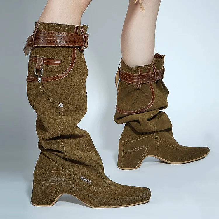 Vintage Western Cowboy Knight Boots Women Slouch Stack Knee High Boots Belt Buckle Square Medium Heel 2026 Spring Fashion Shoes