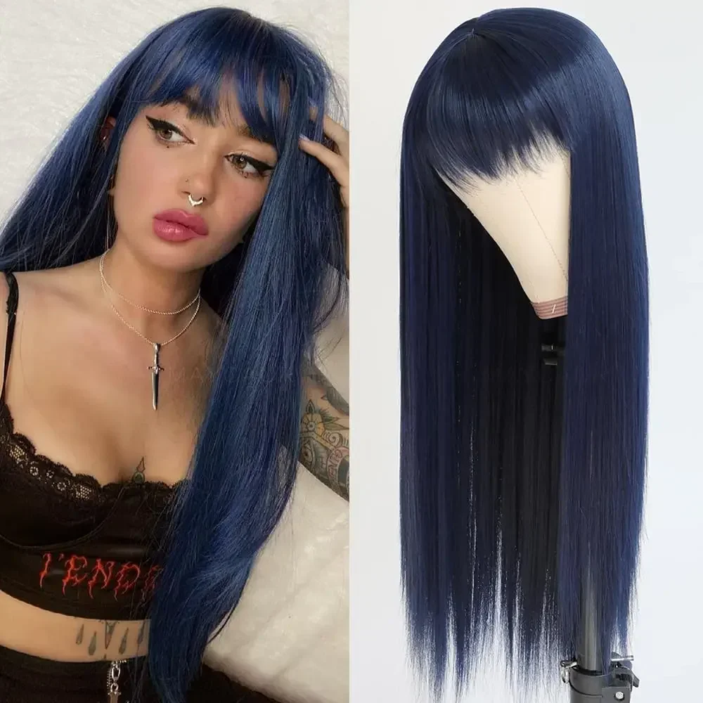 

Donkerblauw Synthetisch Haar Pruiken Met Volledige Pony Blauwe Lange Rechte Dames Pruik Hittebestendige Synthetische Geen Kant