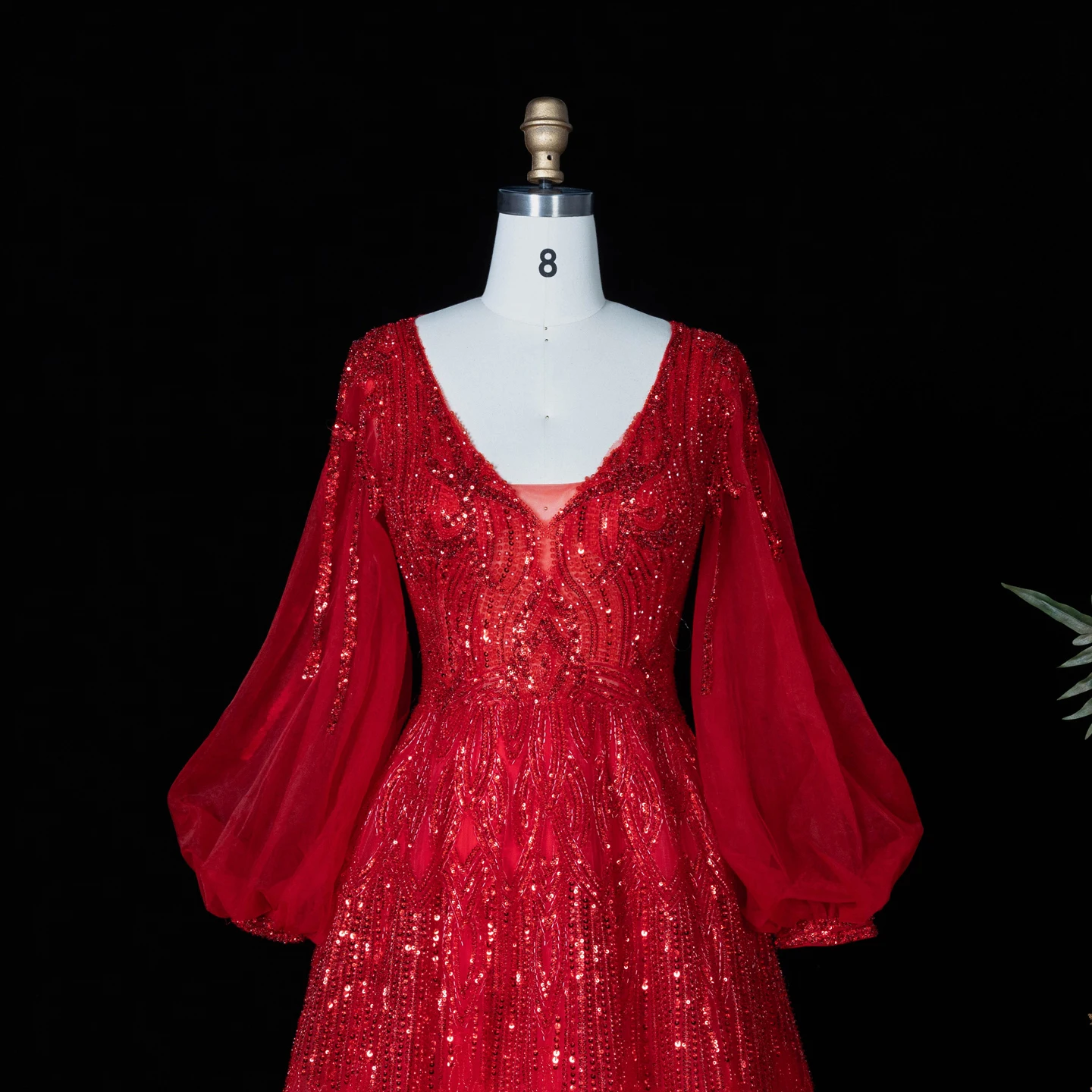 Sharon Said Luxuriöses Rosa Abendkleid mit Perlenstickerei, V-Ausschnitt, A-Linie und Puffärmeln, 2026 Damen Hochzeitsfeier SS057, Maßanfertigung – Detail 12