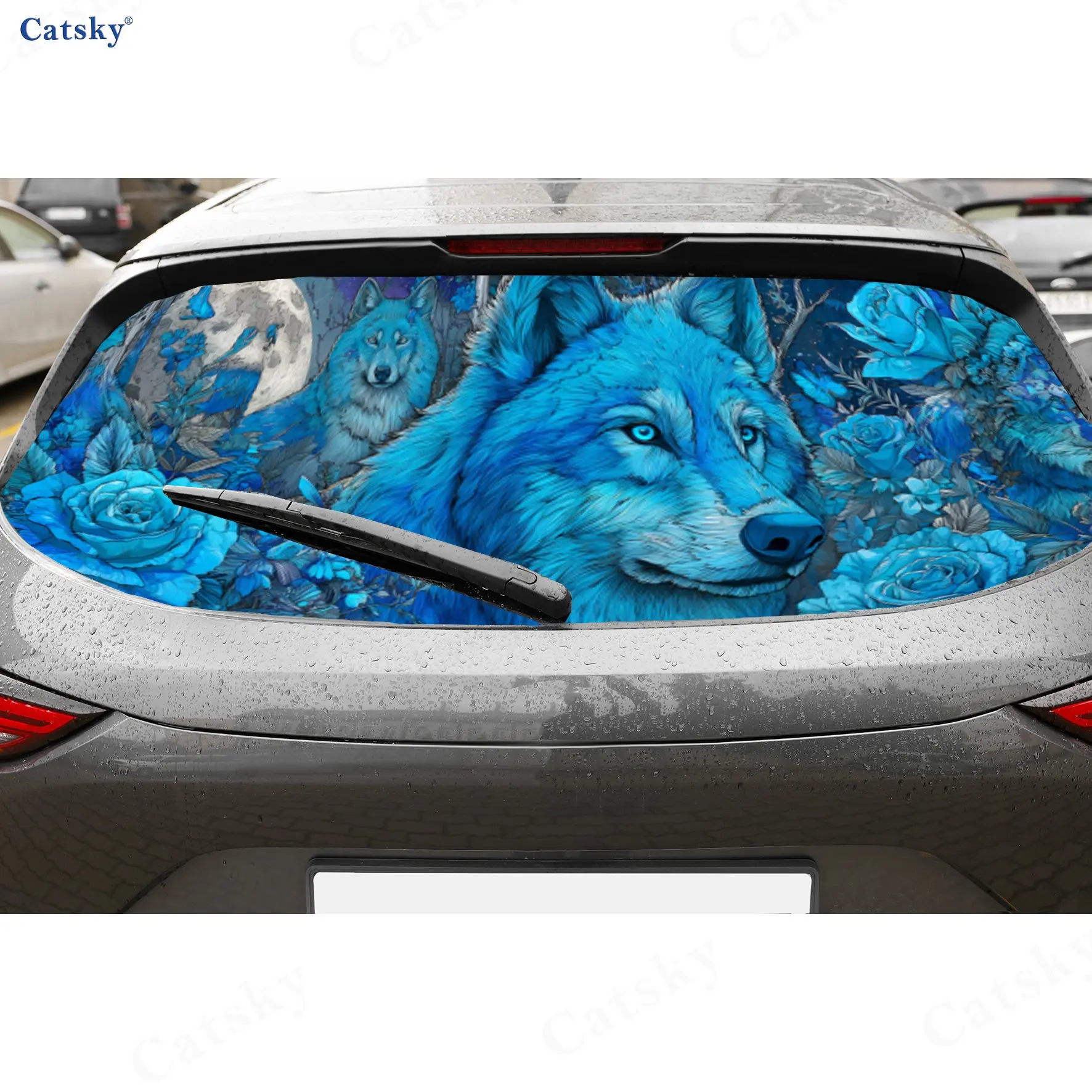 

Blue Rose Lone Wolf Creative Wild Pattern PVC Perforated Car Vinyl Wraps, Durable Car Rear Windshield Sticker, Waterproof Car Re