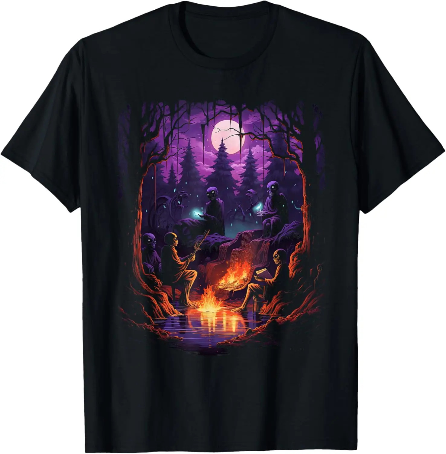 Vintage Ghost and Skeleton by Fire Camping Gothic Halloween T-Shirt