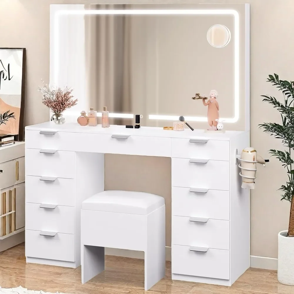 

Makeup Vanity with LED Illuminated Mirror & Power Outlet, 46'' Vanity Desk Set Boasting 11 Drawers, Dressing Table