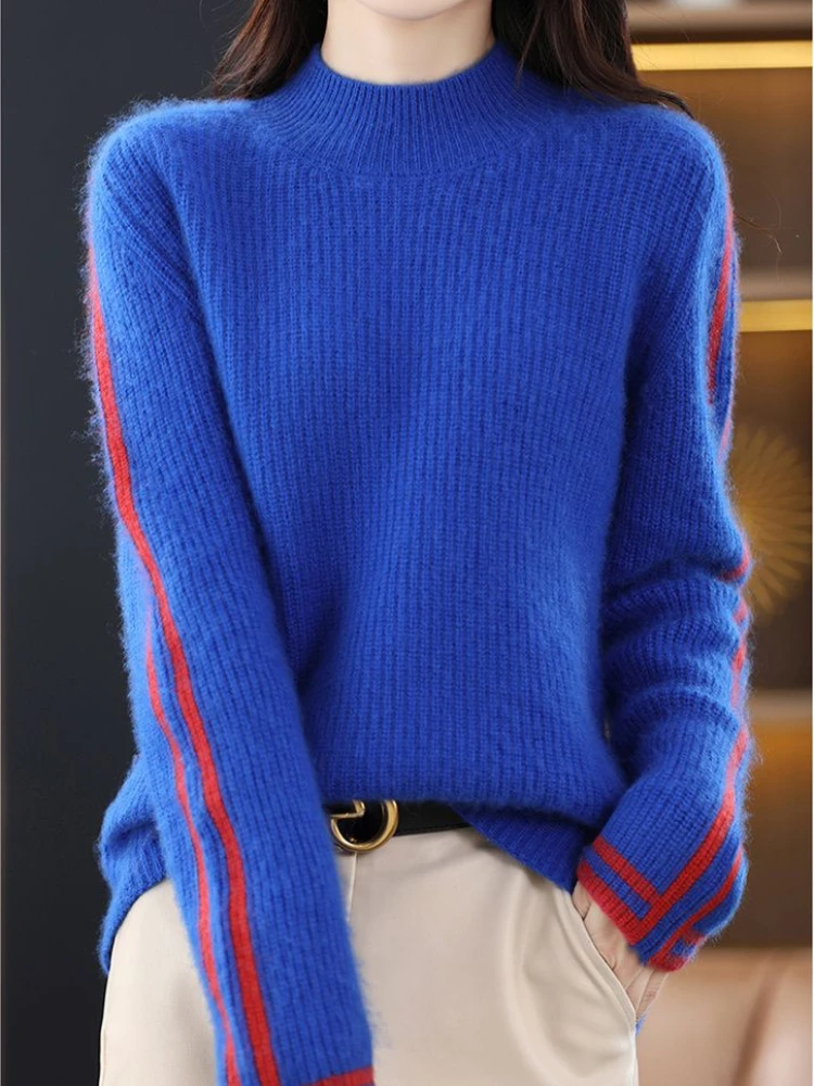 Fashion Women Sweaters 2023 New Korean Elegant Blue Knitted Pullover Winter Knitwears Long Sleeve Top Jumper Spliced Pulls