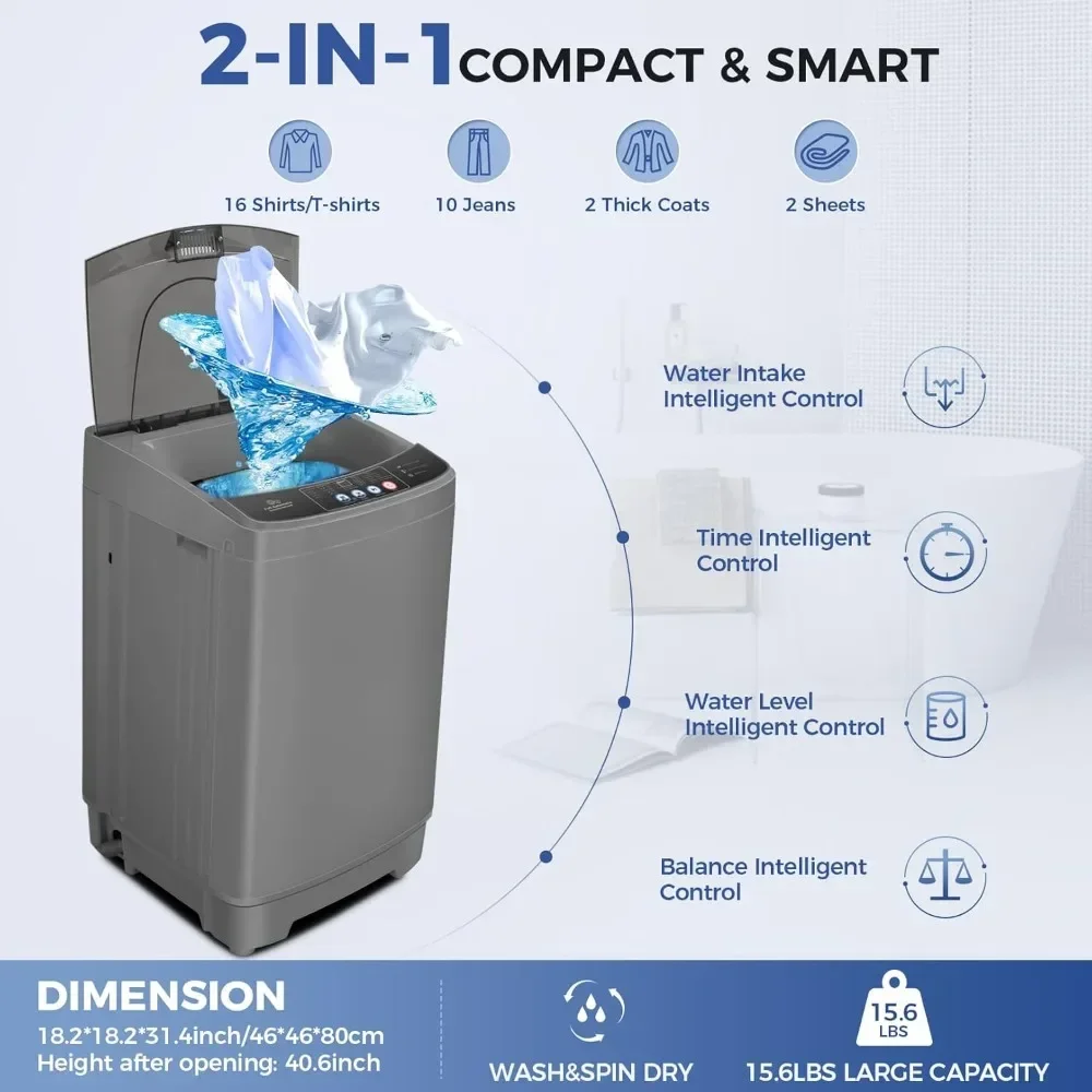 Washer Machine, 15.6Lbs W/ Drain Pump & LED Display, Dryer Combo, 10 Programs & 8 Water Levels, 2.1Cu.ft Full Auto Washer