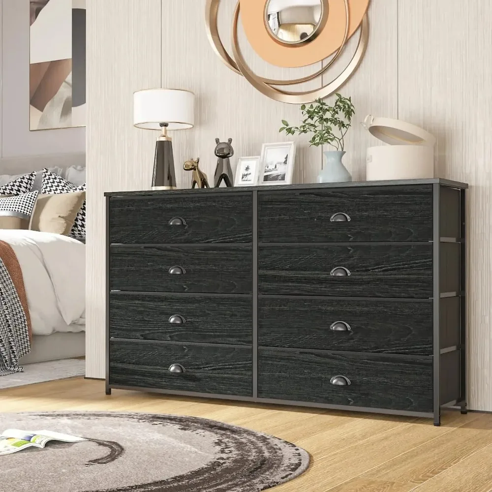 40/47 In Wide Dresser w/ 8 Fabric Drawers, TV Entertainment Center with Storage for 55'' TV, Large Chest of Drawers,Black Oak