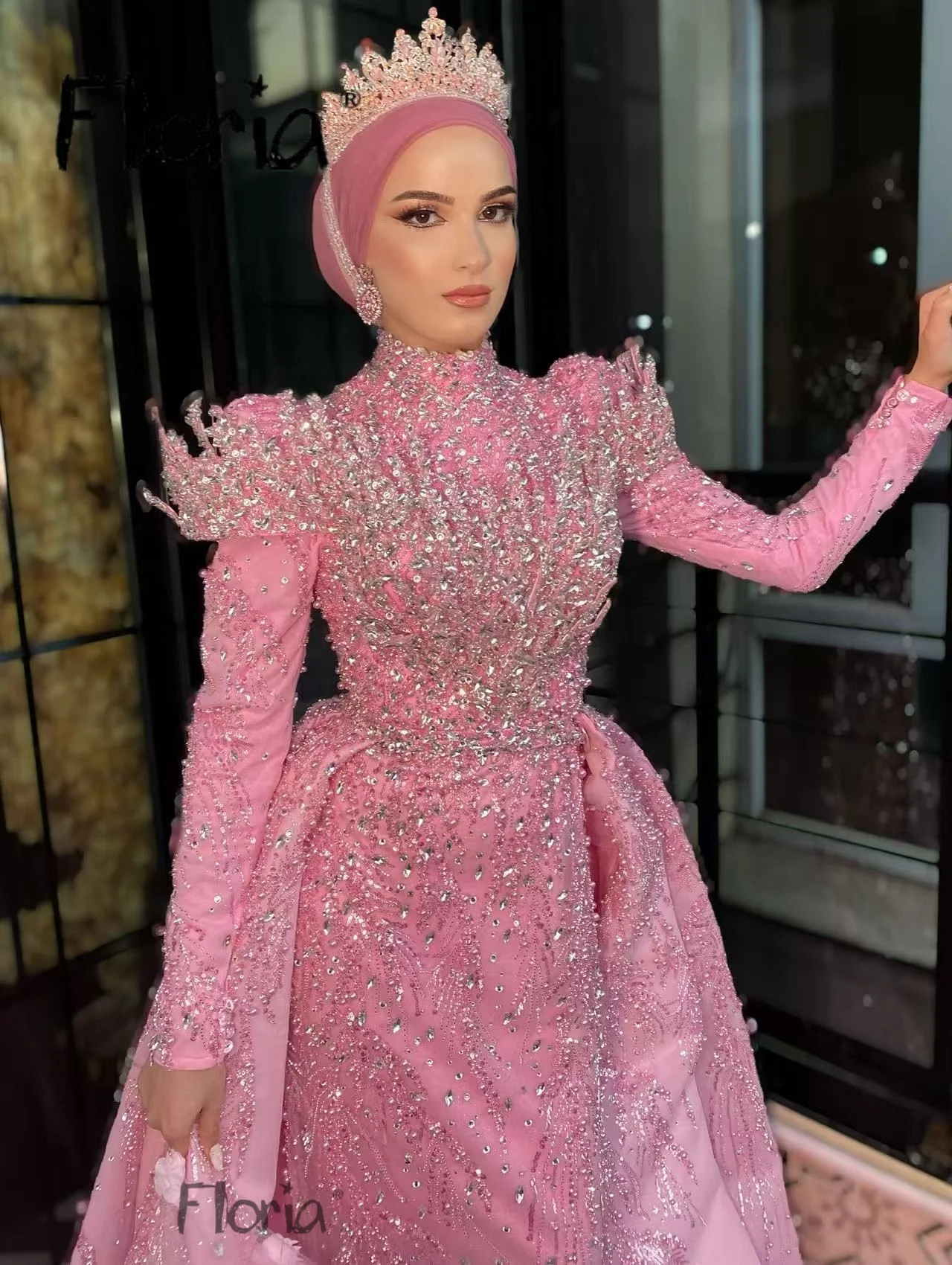 Pink Muslim Plus Size Formal Dresses Bridal Long Sleeve Gillter Beaded Applique Caftan Morocca Evening Gown Outfit Customsized