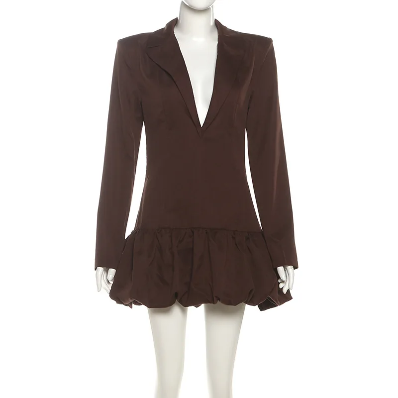 Tornova Sexy Deep V neck Slim Dress Woman Elegant Commuting Shoulder Pads Long Sleeve Dress Autumn New Pleated Mini Dress Lady