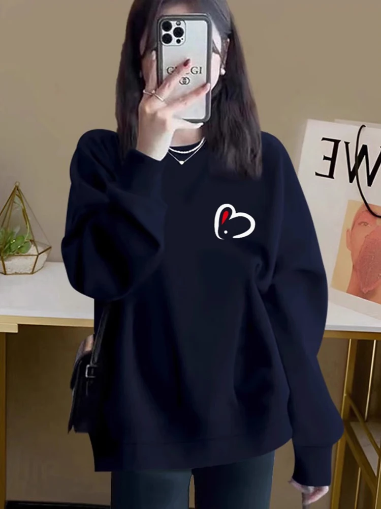 

Свободная толстовка с круглым вырезом и флисовой подкладкой, утепленная, женская, больших размеров, в американском стиле, синяя, осенне-зимняя, новинка