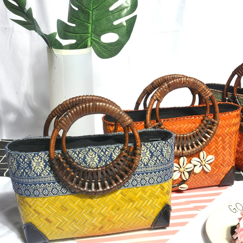 

Ethnic Wind Round Hand-held Bamboo Braided Bag Handmade Fashion Beautiful Designer Purse Straw Bags