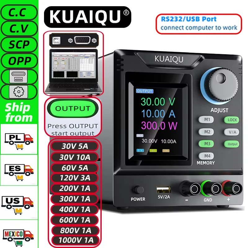 Alimentatore DC Programmabile KUAIQU ad Alta Tensione 1000V con Comunicazione RS232, 30V 10A Regolabile, Alimentatore da Laboratorio 400V con Memoria Modificabile