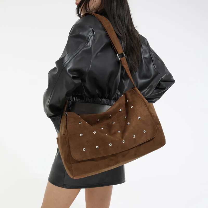 

Retro Rivet Tote Women Shoulder Bag Soft Faux Suede Crossbody Bags for Women Large Capacity Shopper Cover Commuting Bag NEW