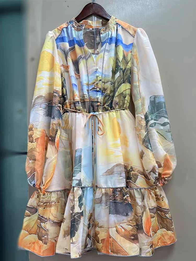 

Retro printed patchwork and drawstring style lace-up cinched waist dress 2025 Spring women's fashion pleated loose puffy dress
