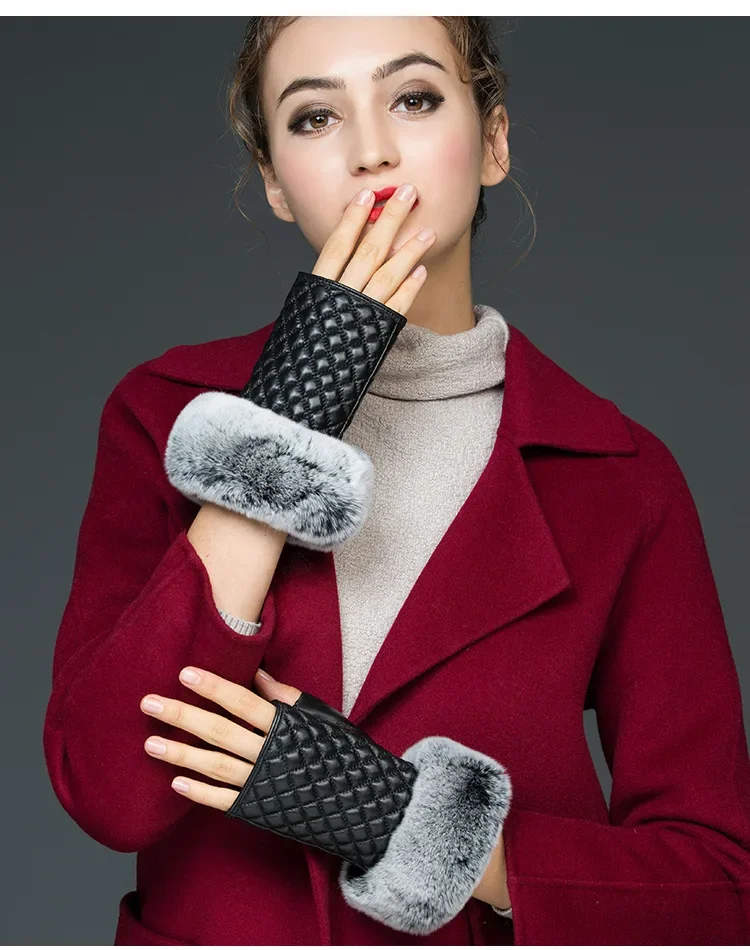 Women\'s Autumn and Winter 100% Genuine Leather Half Finger Fashion Gloves Sheepskin Half Palm Dew Finger Luxury Warm Gloves