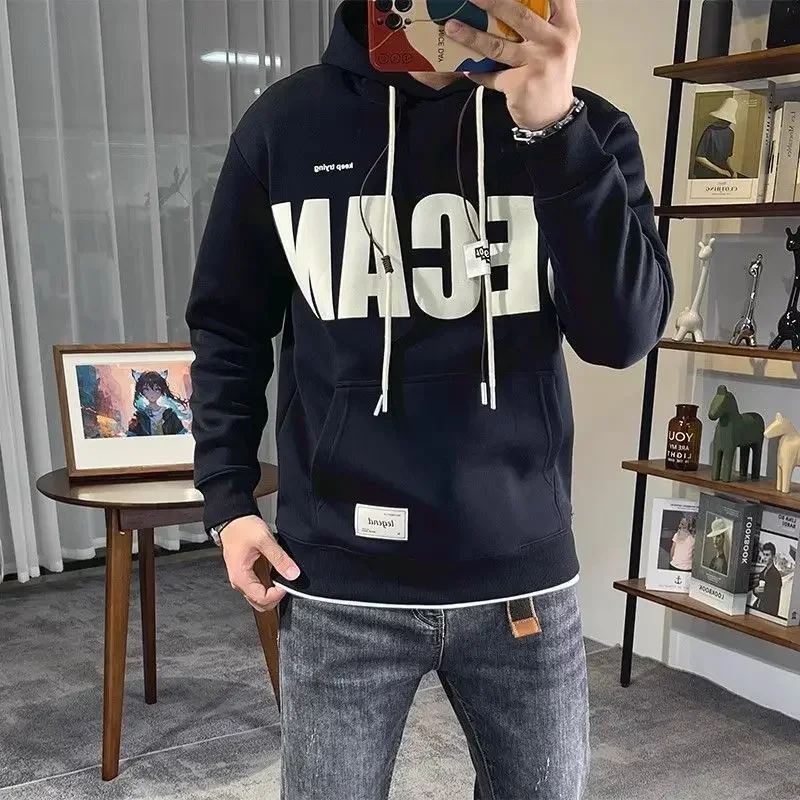 Man Hoodies Black Overfit Autumn Sweatshirts for Men Designer Simple Y2k Clothes Luxury Harajuku Fashion One Piece Emo Warm Tops