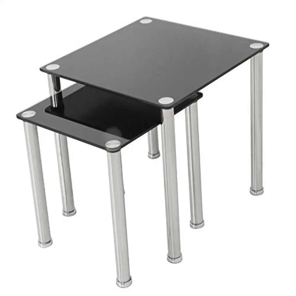 Nesting Steel Glass End Tables Set of 2 Black Chrome Square Side Table Top Tempered Metal Frame 17.7