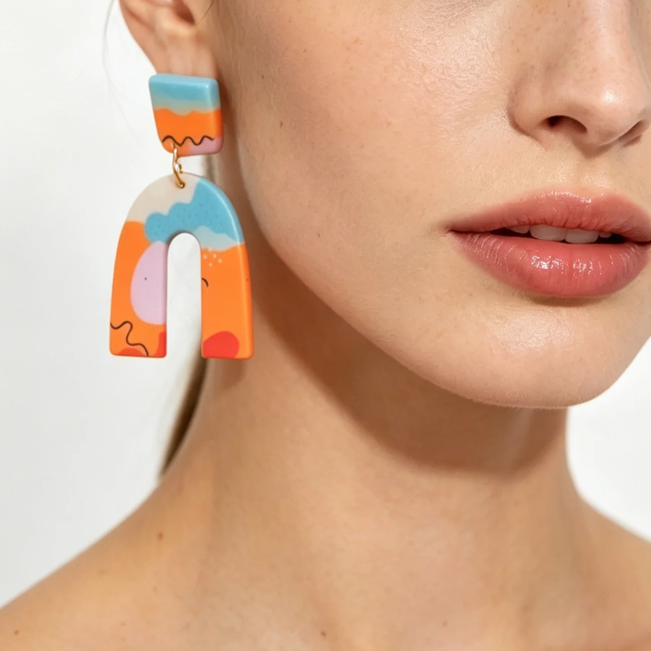 Dopamine Style Abstract Pattern Clay Earrings Aesthetic Vibrant Orange Arch Modern Artsy Statement Jewelry for Her Funky Accesso