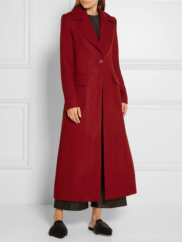 EAM Wine Red Elegant Long Woolen Coat New Lapel Long Sleeve Single Button Women Jacket Fashion Autumn Winter 2025 31A1071