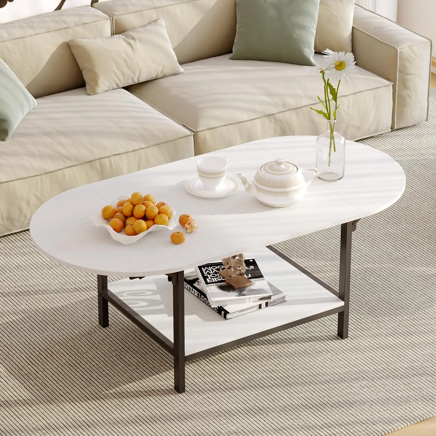 

23.6-47.2" W Extendable Coffee Table with Drop Leaves, 2-Tier Wood Coffee Table for Small Space, Modern Oval Center, Customized