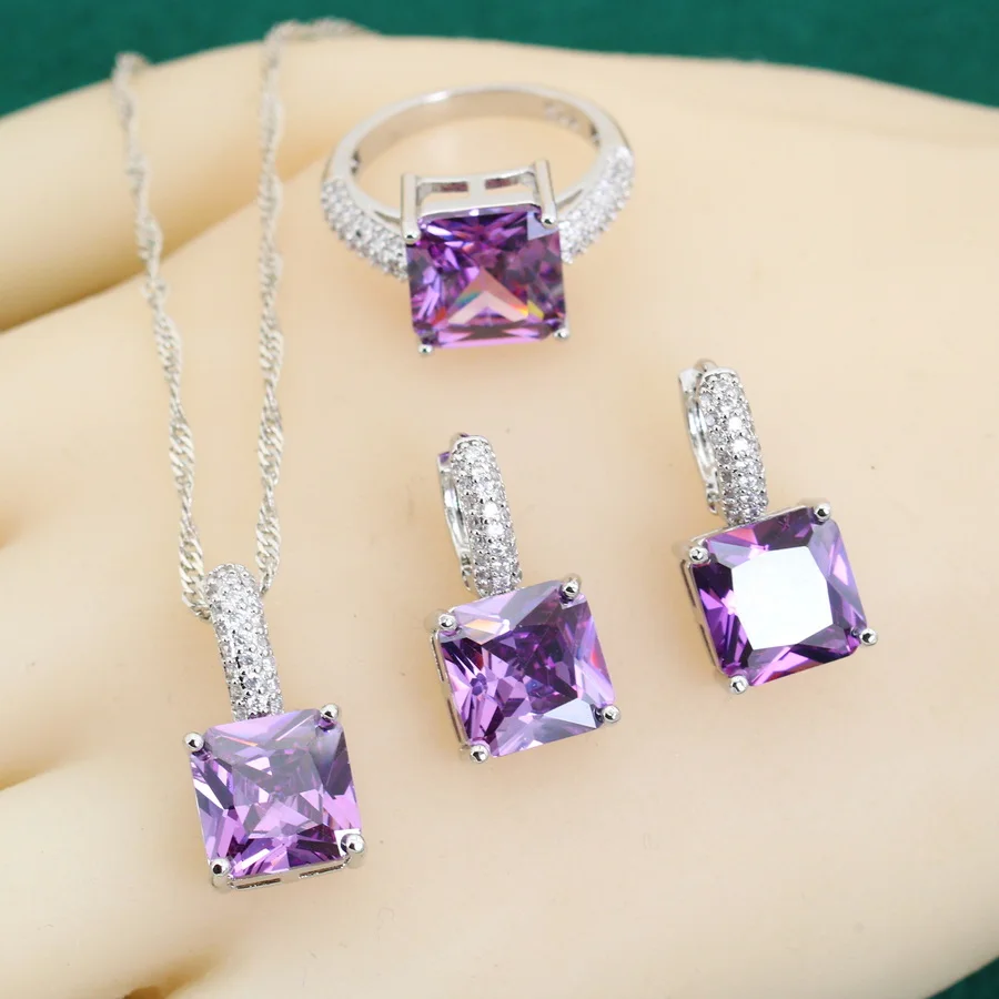 Exquisite Purple Crystal 925 Silver Jewelry Sets for Women Earrings Necklace Ring Bracelet Wedding Gift