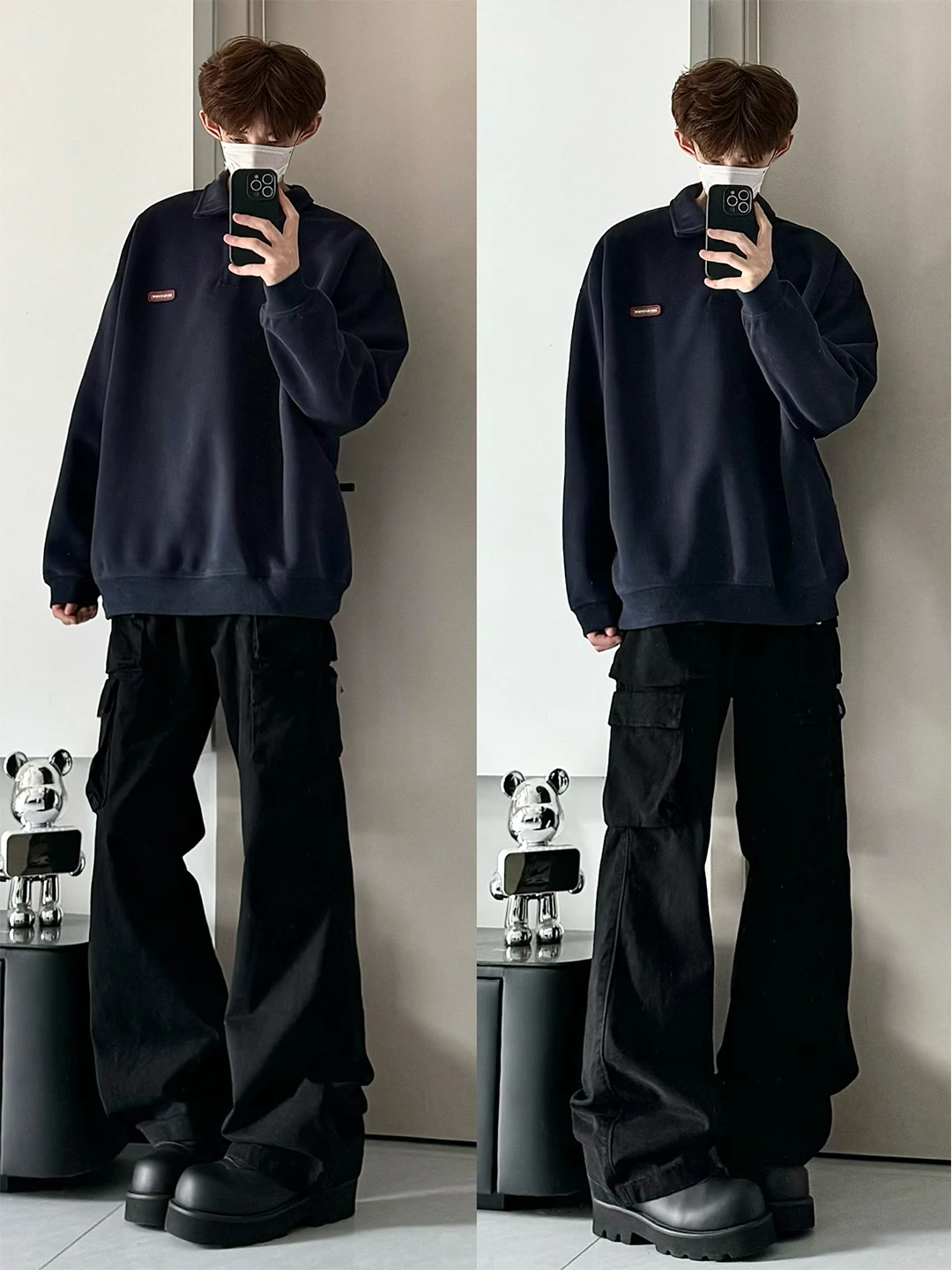 

Cleanfit Men's Black Bell Bottom Workwear Pants Straight Leg Denim Optically Lengthening Cuffs Autumn Fashion High Street Style