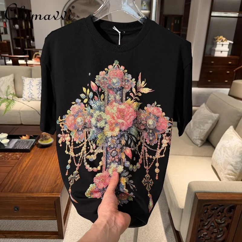 

2026 Summer New Heavy Rhinestone Embellished Oversized Crew Neck Short Sleeve T-shirt Men's Fashion Handsome Casual Tops