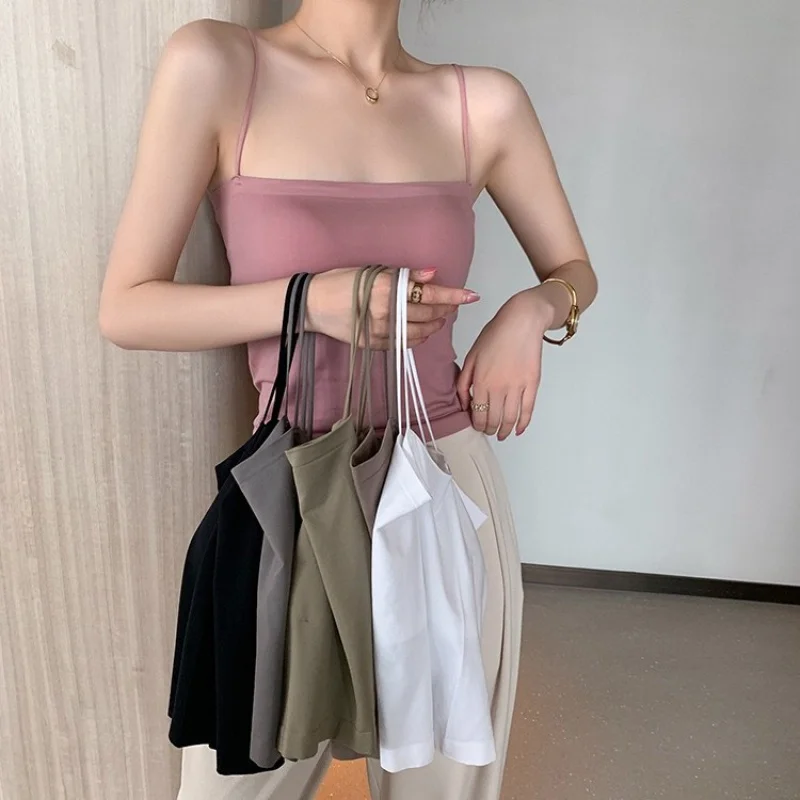 Summer 1806 Hot Girl Solid Color Camisole Women's One-Piece Chest Pad Spaghetti Strap Bottoming Tube Top Tops Outerwear Tide