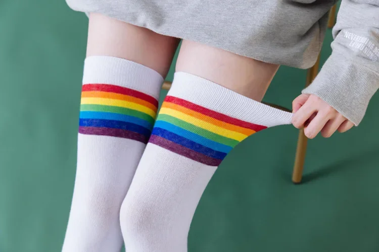 Womens Thigh High Stockings Rainbow Striped Ladies Girls Black White Long Winter Over Knee Socks blue Y2k Japanese Style