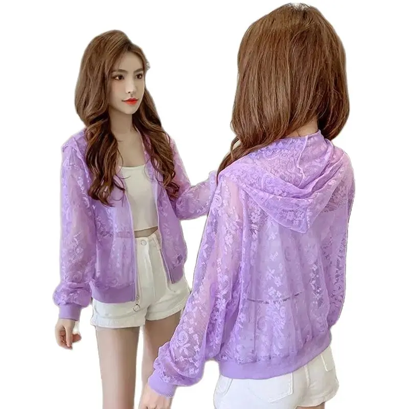 Hooded 2024 Summer New Mesh Ladies Sun Protection Shirt Loose  Wild Sun Protection Clothing Female Long Sleeves  Thin Women Coat