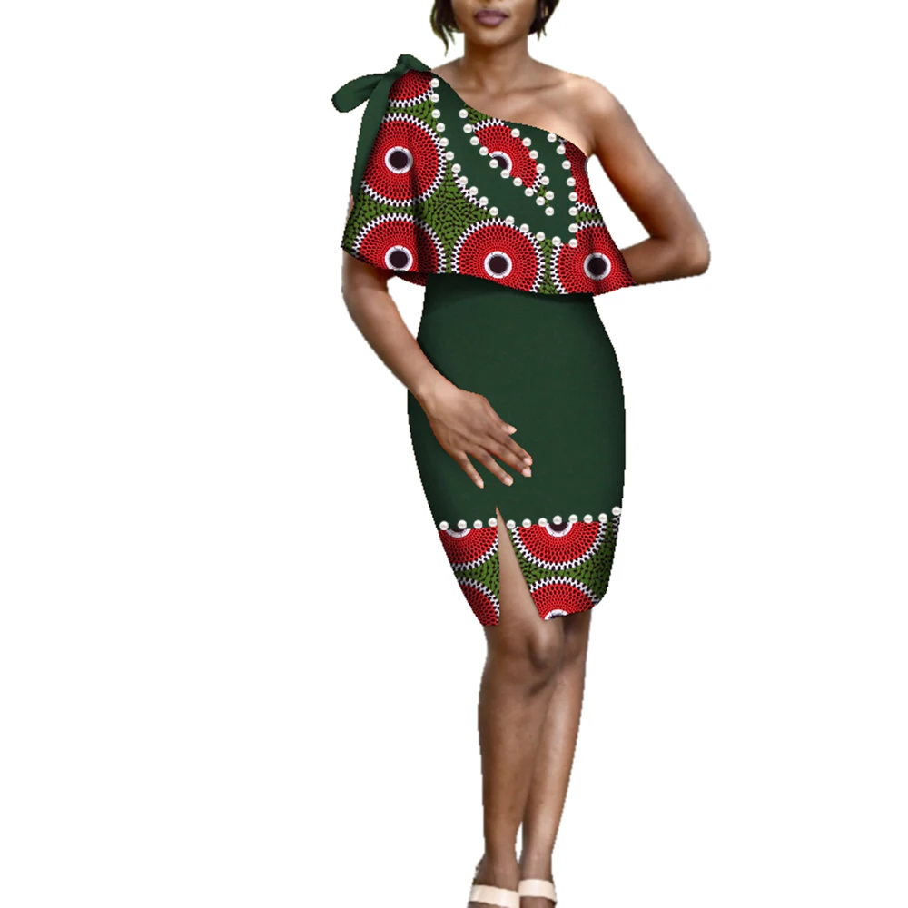 

Summer Women African Dress Knee-length Dresses African Wax Print Short Split Dress Bazin Riche African Clothing WY3403