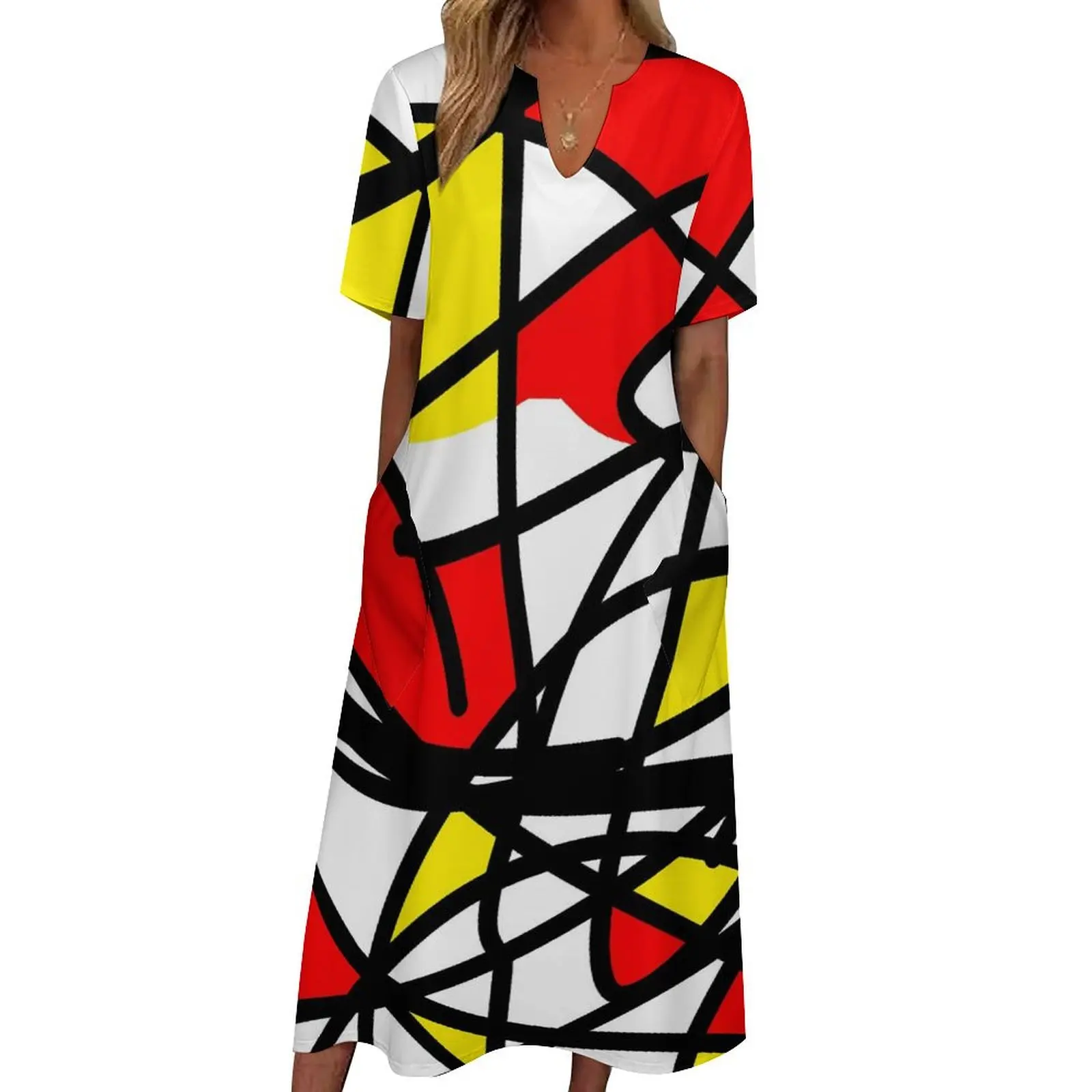 

Винтажное платье макси с геометрическим рисунком, повседневное длинное платье в уличном стиле, дизайнерская одежда красного, желтого, черного, белого цветов, лето