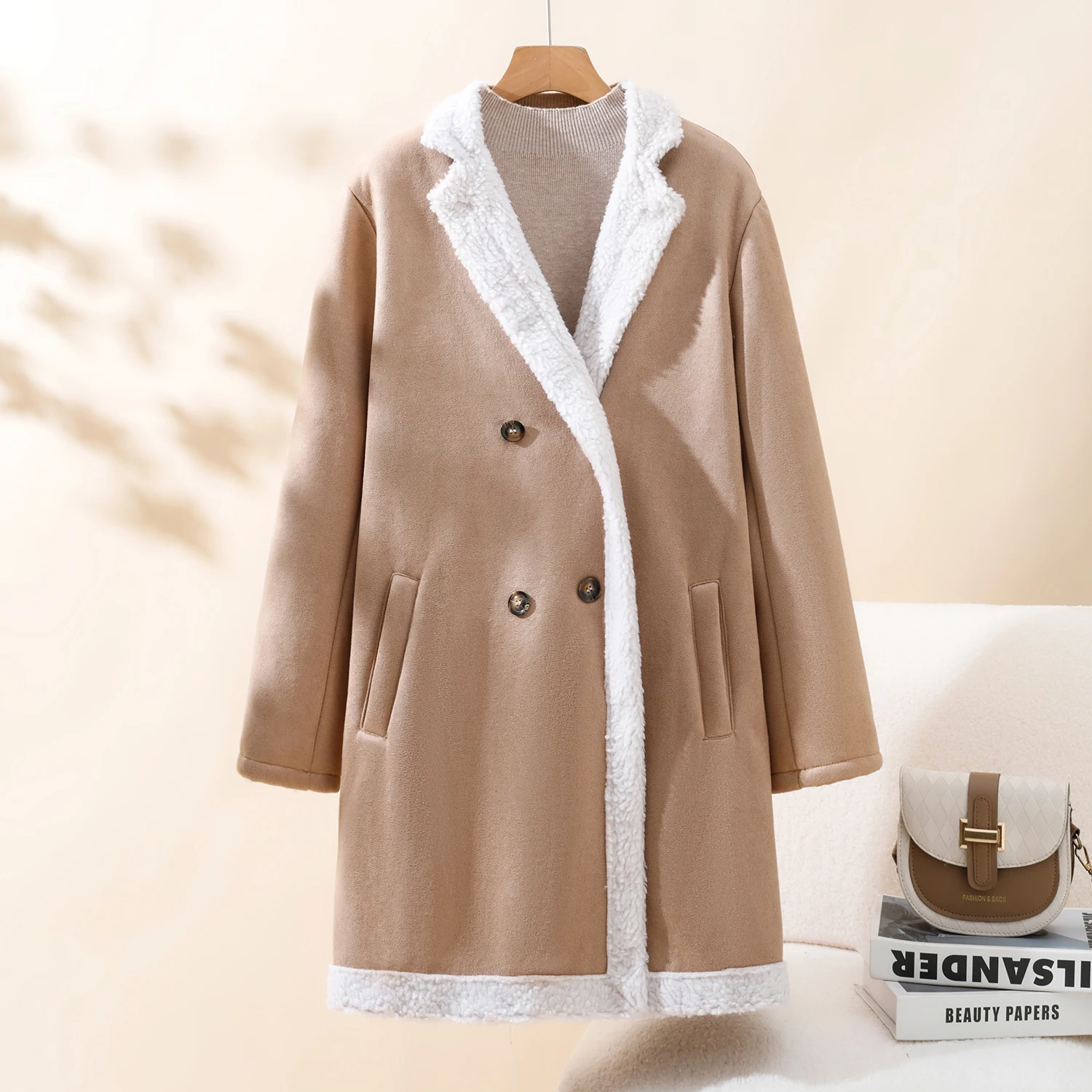 패셔너블 캐주얼 스웨이드 코트 울 중간 길이 칼라 여성 코트 테니드 롱 슬리브 출퇴근용 겨울 신상품