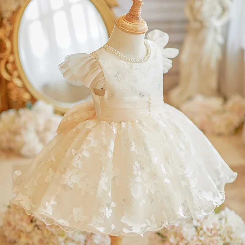 

Girls Princess Bow tutu Dress pearl Champagne Children Flower Girl Bridesmaid Wedding Gown baby 1st birthday Party Kids Dresses