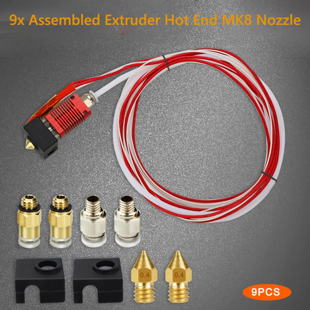 9pcs Assembled Extruder Hot End Kit for Creality Ender 3 V2/Ender 3Pro 0.4mm MK8 Brass Nozzle Heating Block 3D Printer Accessory