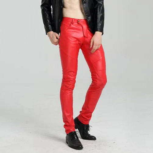 

#2221 Motorcycle Tight Faux Leather Pants For Men Blue White Black White Biker PU Leather Trousers Joggers Skinny Leather Pants