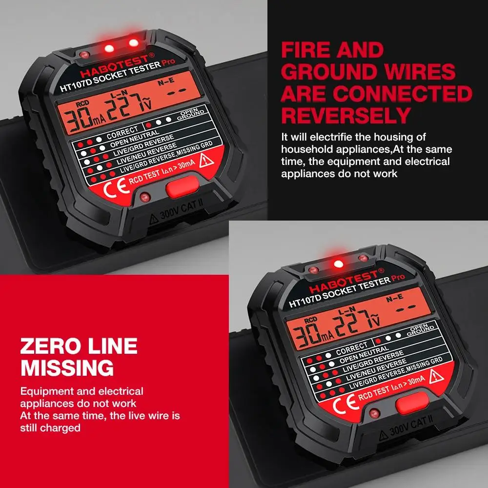 HABOTEST HT107 Pro Socket Tester Voltage Test Socket Detector EU Plug Ground Zero Line Plug Polarity Phase Check view 4