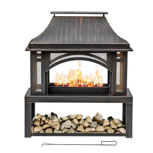 39 Inch Fire Pits with Outdoor Chimney and Wood Storage