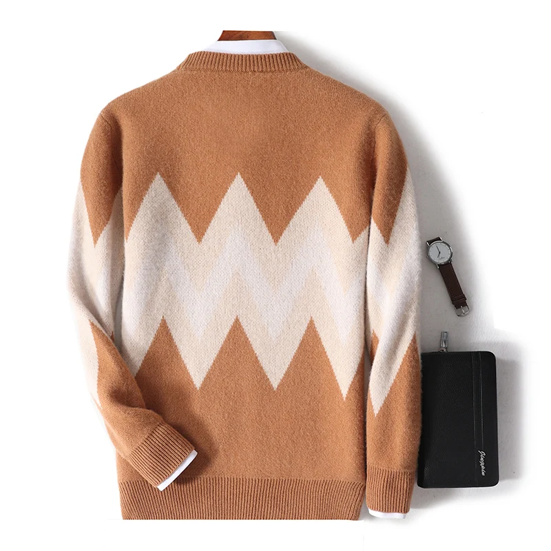 

Autumn and Winter Cashmere Sweater Men's Round Neck Thickened Color Block Pullover Business Casual Knitted Top Large Sweater