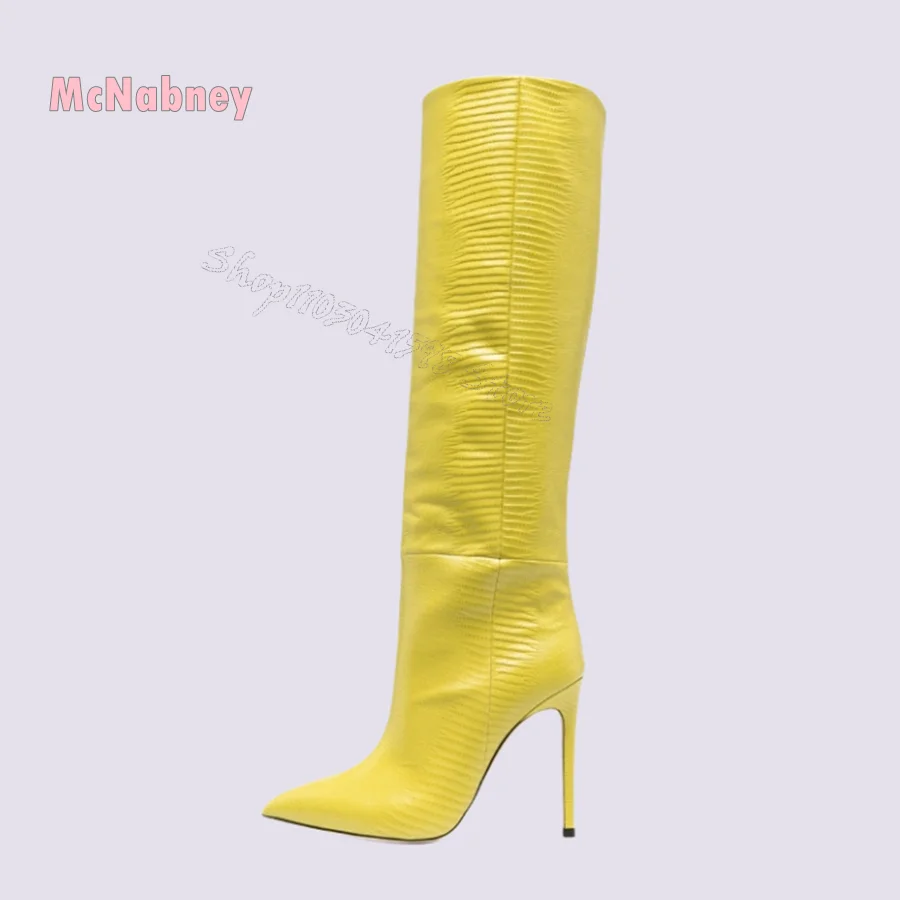 

Croc Effect Leather Heeled Boots Pointed Toe Stiletto Knee High Boots Party Straight Women Boots 2024 New Zapatos Para Mujere