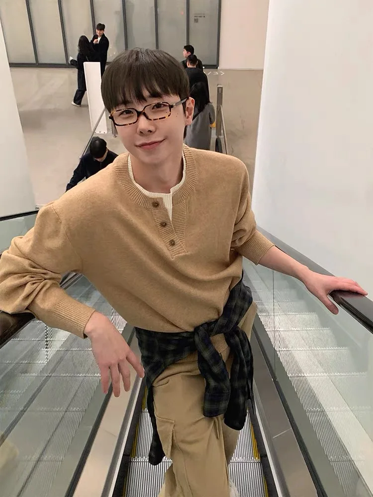 

Korean Sle Henry Collar Fake Two-Piece Knitted Sweater Men's Casual Autumn Winter Lazy Faion Versatile Loose Fit Sweatirt