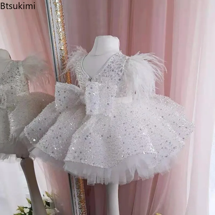 2026 vestidos para niñas, vestido blanco con lentejuelas y plumas brillantes, vestido tutú de princesa para bebés, ropa para fiesta de cumpleaños para niños