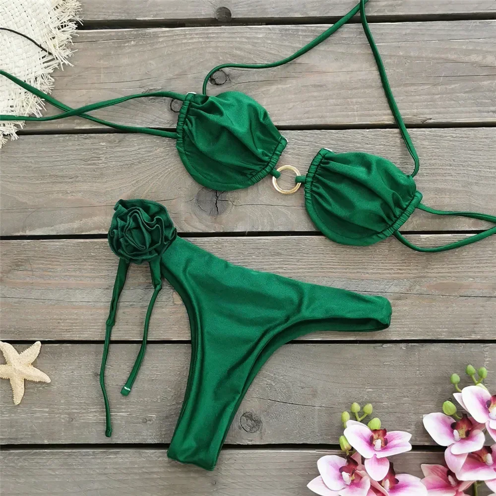 3Dフラワープッシュアップビキニセット、ストリングホルター水着、マイクロTバック、セクシー水着、レディースメタルリング水着、ビキニ2024 Muejr