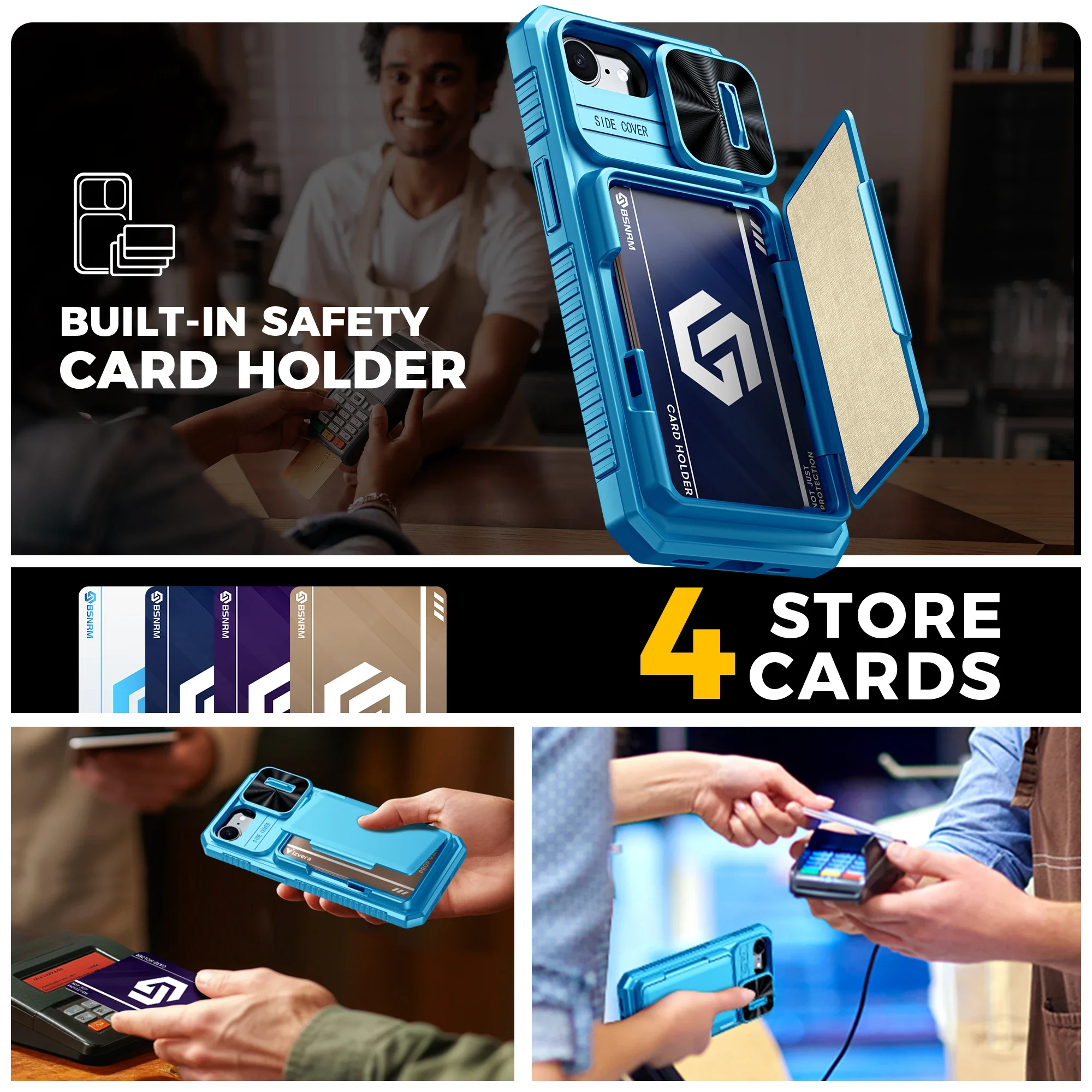 هدايا الهالوين، حامل بطاقات محفظة RFID، غطاء كاميرا، جراب هاتف واقٍ متين مقاوم للصدمات لهاتف iPhone 16 E-Light Blue