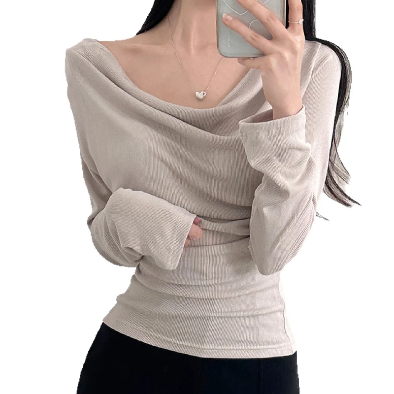 

Минималистичный стиль, базовый однотонный облегающий повседневный топ, осенний новый предмет, плиссированная базовая рубашка, футболка с длинными рукавами