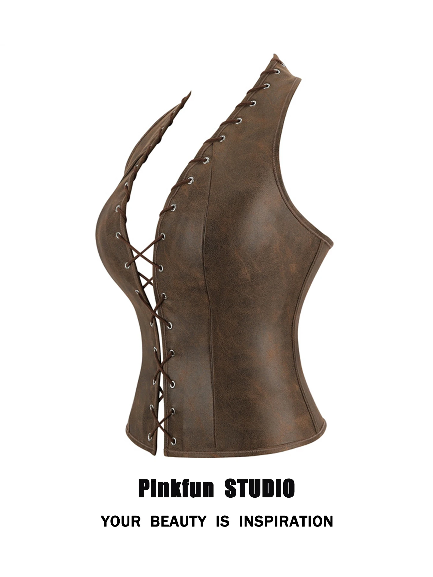 Top corto gótico de ante marrón con correa colgante Ne, chaleco de fibra con encuadernación, corte entallado, ort irt Pinkfun Vintage Sle para mujer...