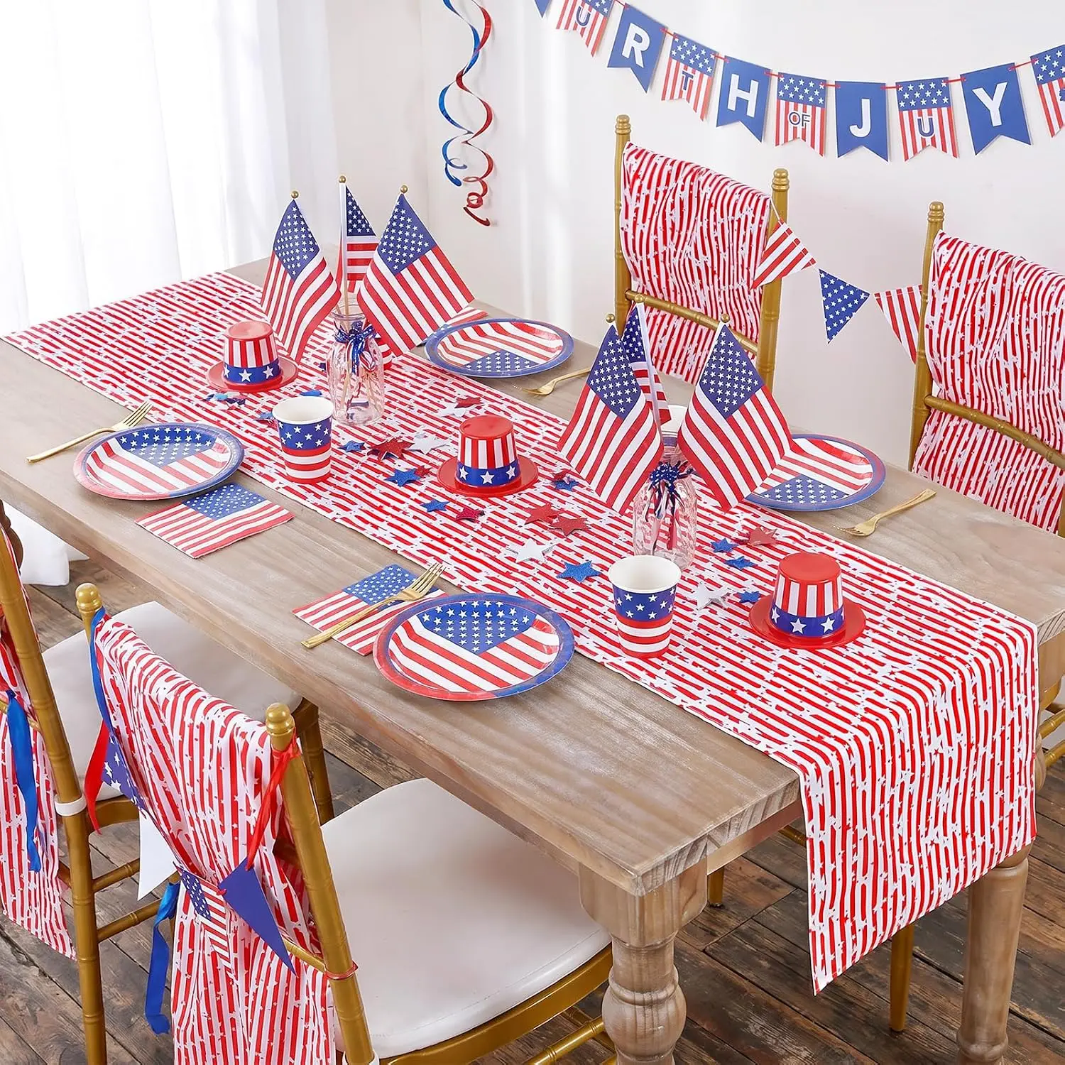 Independence Day 4th of July Red White Striped Star American Flag Table Runner, Holiday Party Celebration Dresser Scarf Decor