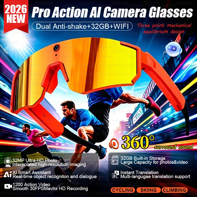 2026 Action Camera Smart Glasses 32MP HD Photo Anti shake Video 360° Sound Effect AI ChatGPT Waterproof BT Call Music Sunglasses